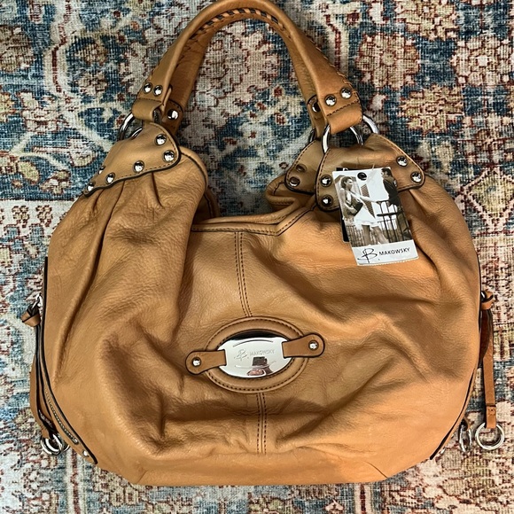 B. Makowsky Vintage Berlin Ball Tote Brown Leather with silver studs - Picture 1 of 16